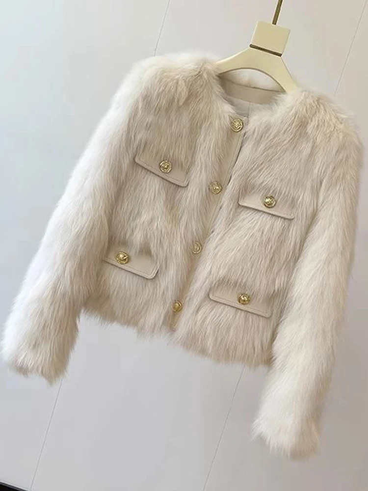 Abrigo de piel sintética suave y cálido para mujer, chaqueta coreana de manga larga con cuello redondo a la moda, prendas de vestir informales elegantes para mujer que combinan con todo, Tops
