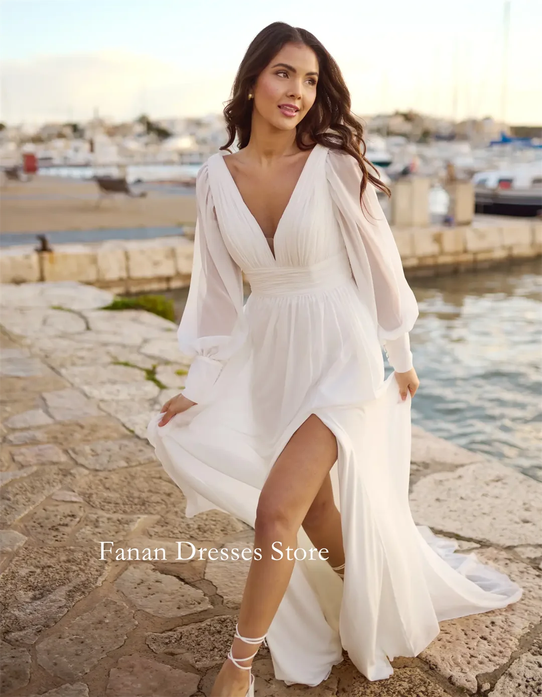 

Fanan Elegant Deep V-Neck Chiffon Wedding Dress A-Line Customized Puff Sleeves Ruched Ivory Bridal Party Gown Vestidos De Novia