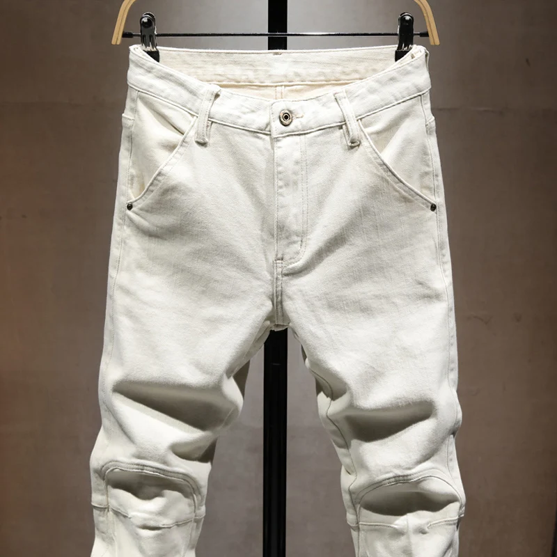 Street Fashion Designer Men Jeans Beige White Stretch Slim Fit Spliced Patched Denim Cargo Pants Hombre Hip Hop Biker Jeans Men