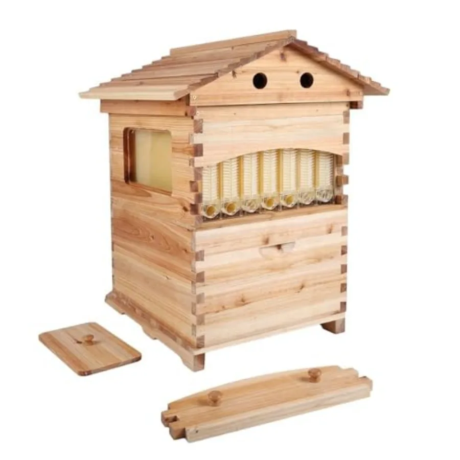 

Self-Flowing Beehive Set: Wooden Beehive with 7 Combs Bee Villa for Beginners and Professionals Natural Wood Warm Brown Easy As