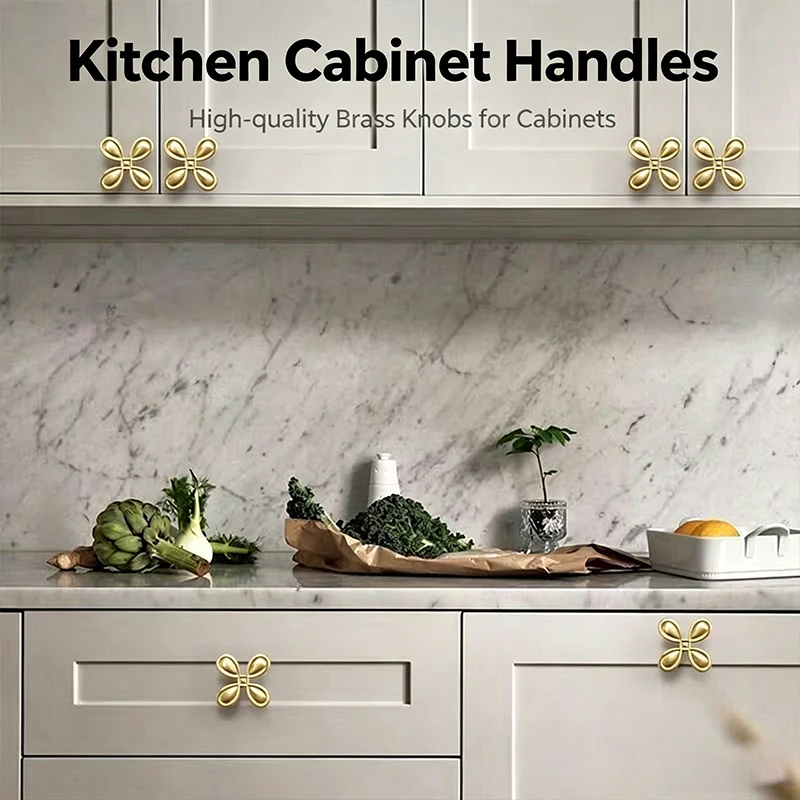 French Retro Mid-Century Bronze Four Leaf Clover Knobs Minimalist Handles for Wardrobe Cabinet Drawer Furniture Hardware