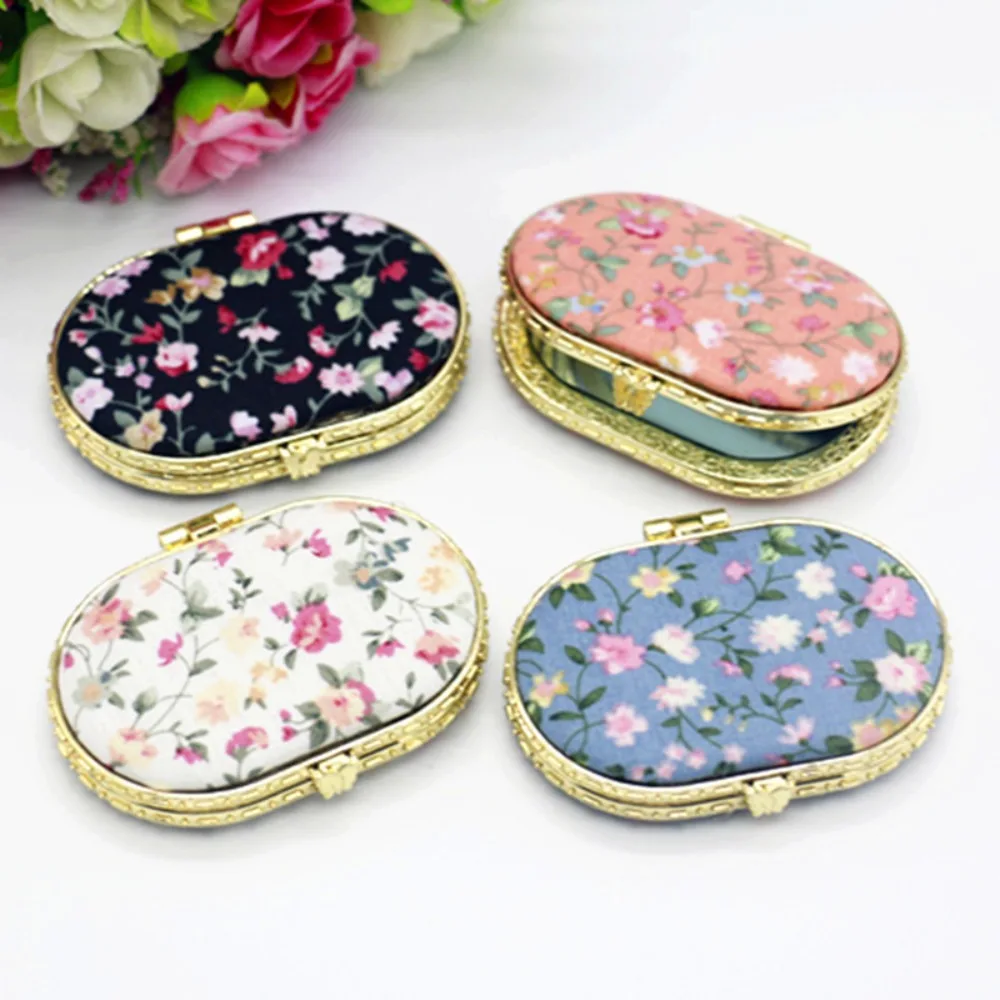 Vintage Mini Makeup Floral Mirror Foldable 4 Shapes Compact Pocket Hand Mirror Portable Cloth Cover Pocket Cosmetic Mirror