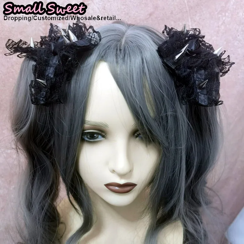 Harajuku Women Gothic Lolita Punk Hairpin Y2K Girl Spike Rivet Floral Lace Ruffle Edge Clamp Goth Hair Accessories Hair Clips
