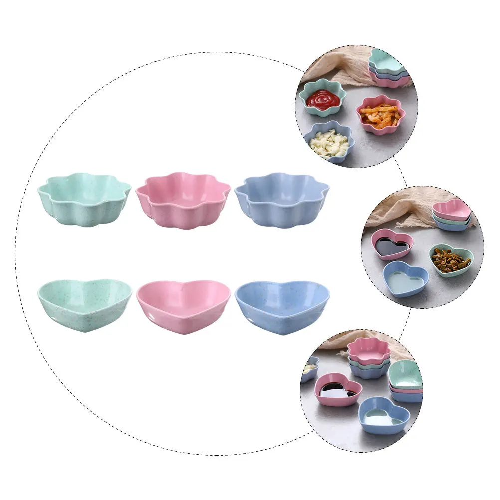 

6Pcs Soy Sauce Dish Wheat Straw Dipping Bowls Heart Flower Shape Seasoning Plates for Home Party Condiment Dishes