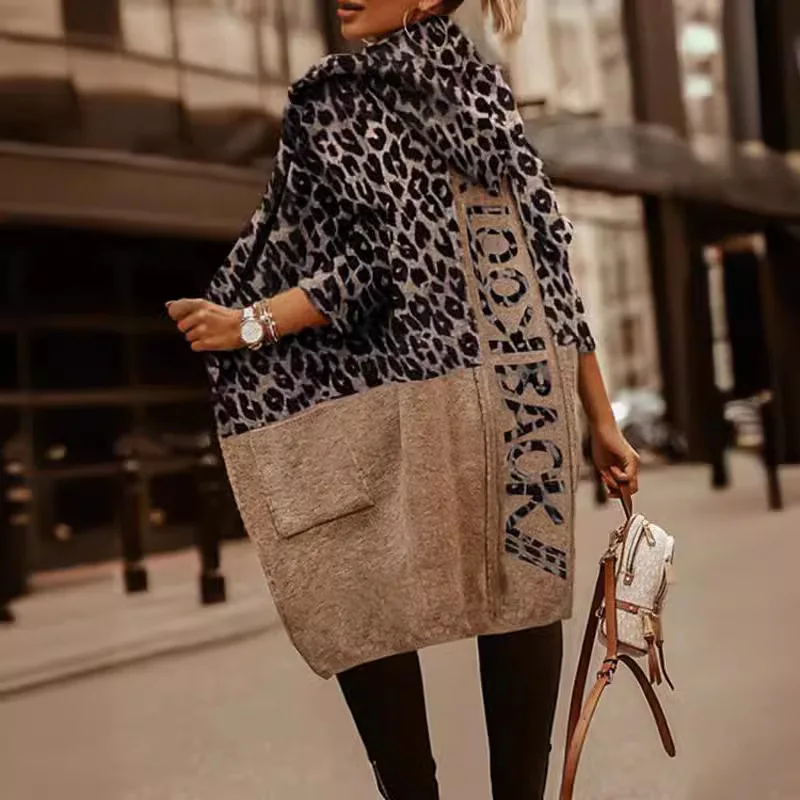 

Women's Sweater Cardigan Leopard Print Personalized Midi Top Trendy Loose Letter Spliced ​​Hooded Knitted Jacket Langarmpullover
