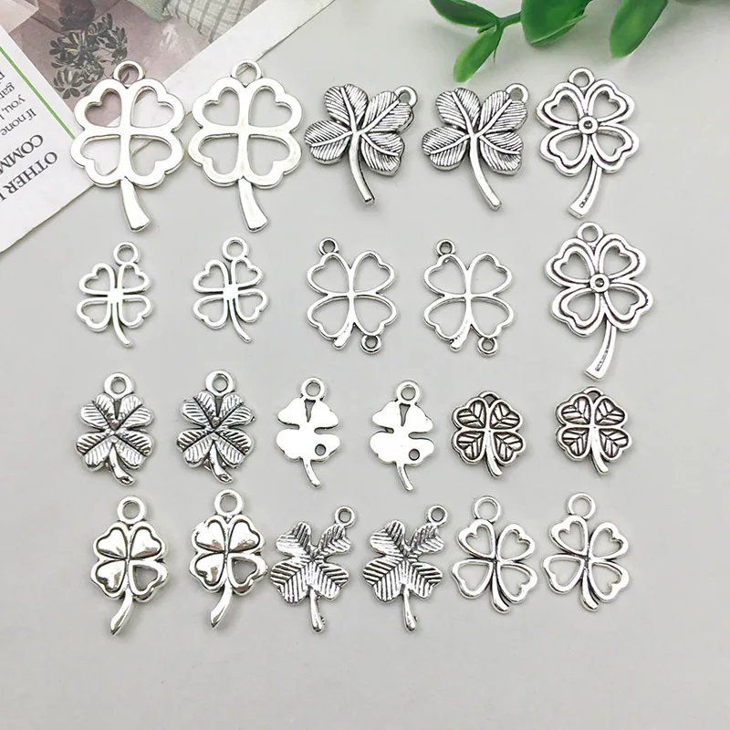 20pcs/lot MIX Charms Lucky Irish Four Leaf Clover Tibetan Silver Color Pendants Antique Jewelry Making DIY Handmade Craft