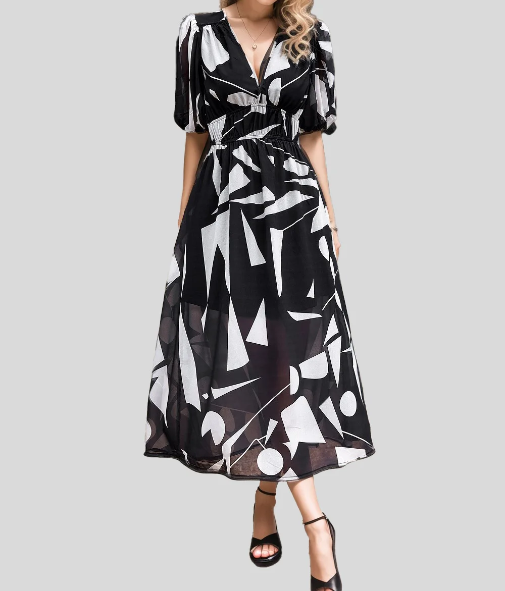 Robe mi-longue à col en v pour femmes, taille haute, manches princesse, imprimé floral, mode vacances, Date, fête douce, été 2025