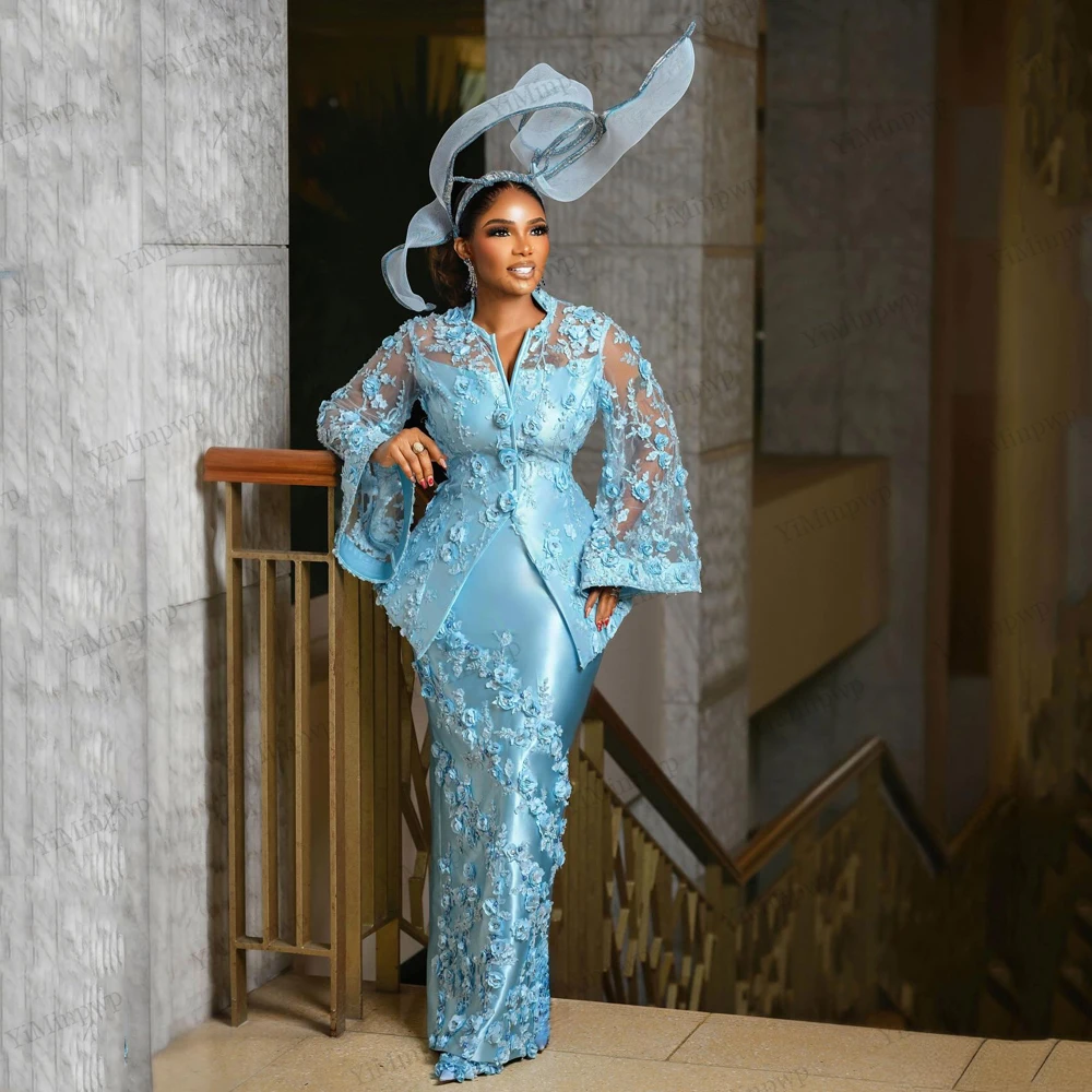 

Flowers Aso Ebi Wedding Dress Mermaid Long Flare Sleeve Satin Sky Blue Bride Gowns For African Women Floor Length Customized