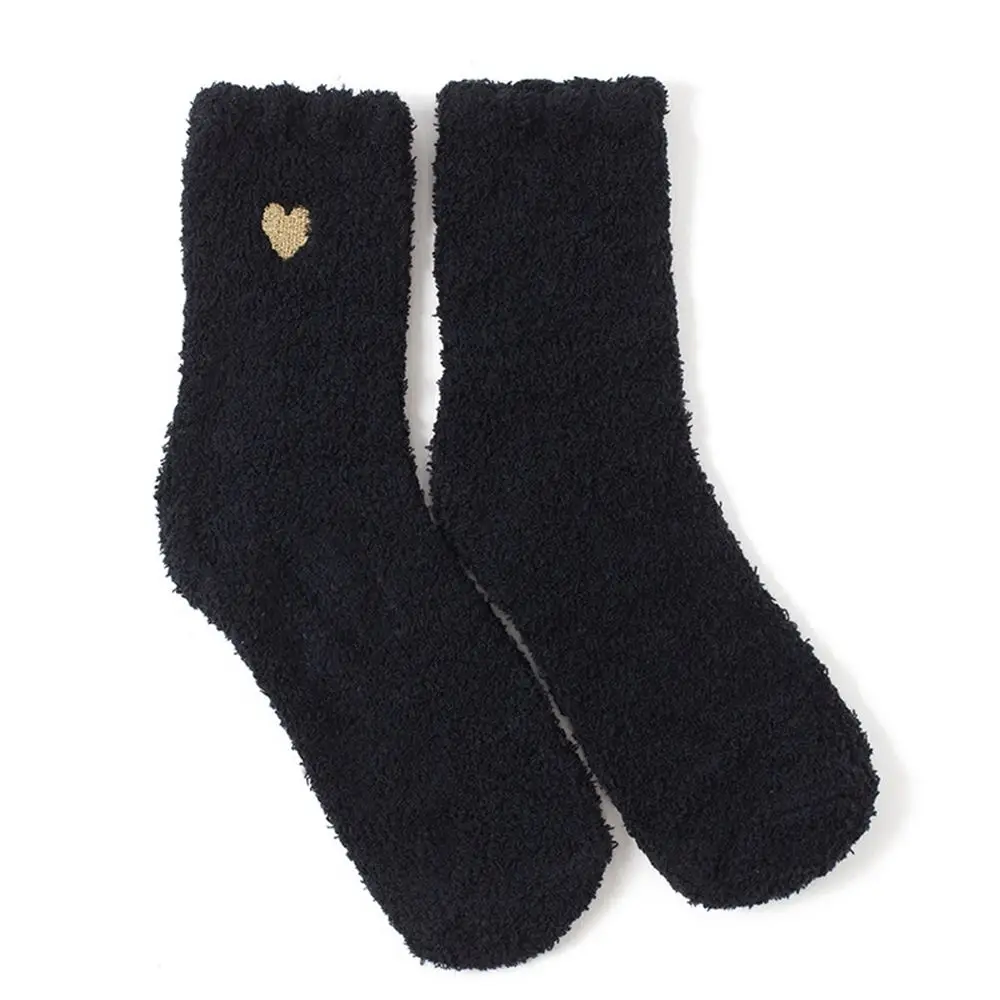

Breathable Warm Solid Color Girls Love Embroidery Simple Female Hosiery Cute Floor Socks Mid-tube Socks Coral Fleece Socks