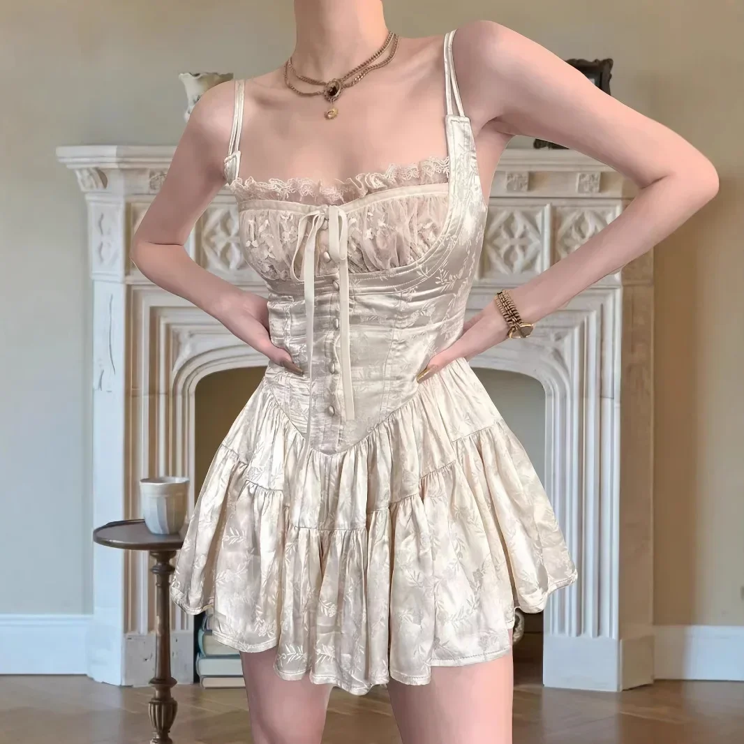 Mini abito medievale in raso retrò da donna Corsetto in pizzo floreale jacquard monopezzo Cami Pagliaccetti Data Abiti estivi per uscire