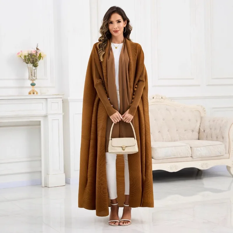 

2025 New Pleated Trench Coat with Bat Sleeves, Plus Size, Ethnic Style, Abaya Solid Color, Elegant Women's Robe
