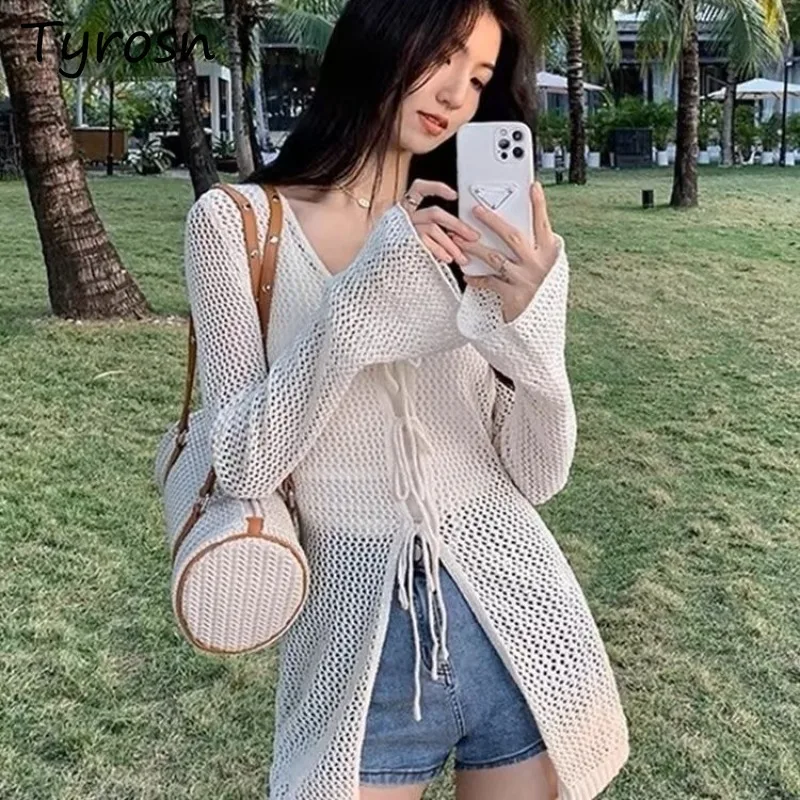 

Cardigan Women Solid V-neck Flare Sleeve Hollow Out Lace Up Summer Korean Beach Vacation Sun-proof Slim Knitted Outwear Sweaters