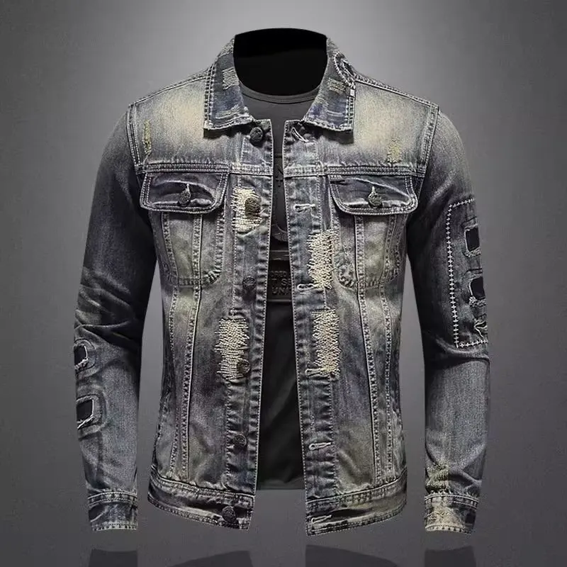 Men's Retro Distressed Motorcycle Denim Jacket High Quality Male Turn Down Collar Vintage Workwear Streetwear Jean Coat