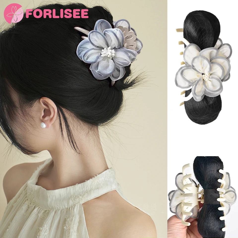 

FORLISEE Synthetic Camellia Flower Wig Bun Claw Clip Shuttlecock Head Female New Summer High-grade Shark Clip Bun