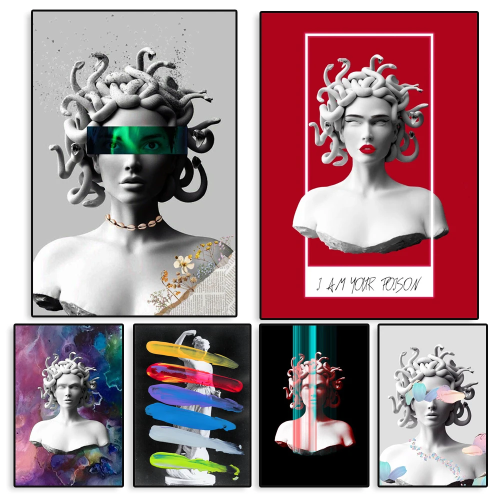 

Abstract Greek Statue Medusa Sculpture Art Prints Canvas Painting Goddess Art Posters Wall Picture for Home Living Room Decor