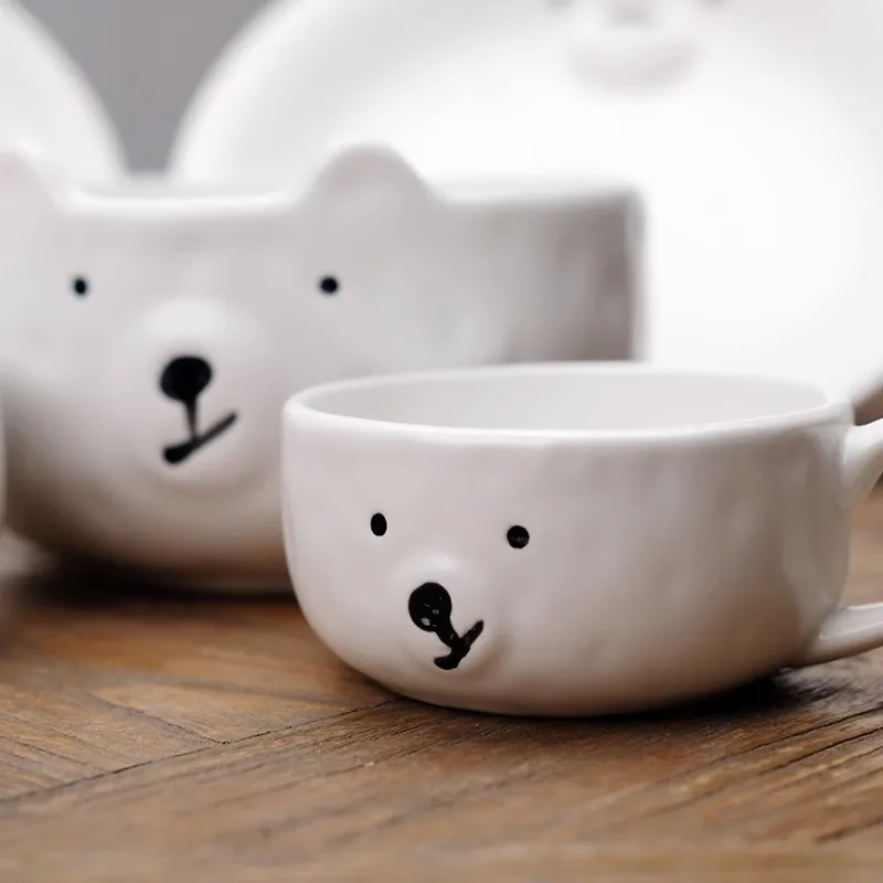 Cute Hand Shape Ceramic Matte White Polar Bear Lovely Bowl Water Cup Plate Series