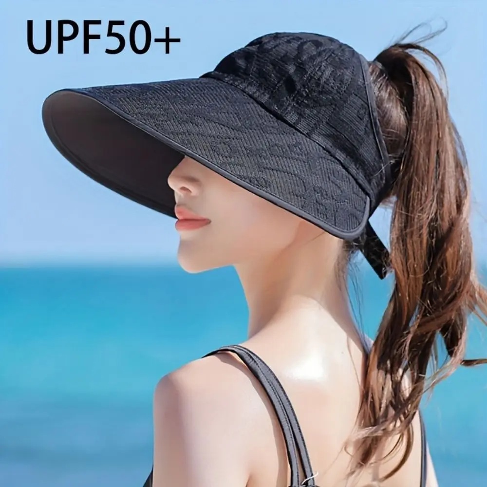 Letter Large Brim Sun Hat UV Protection Stripes UV Protection Hat Breathable Removable Summer Panama Hat Cycling