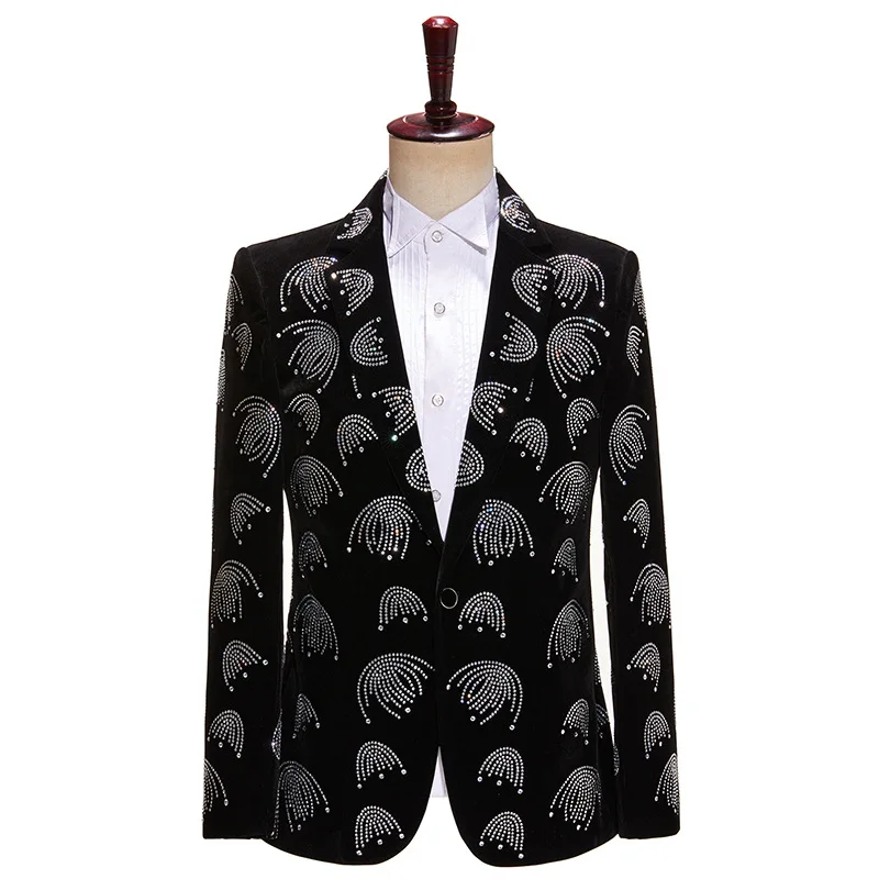 Men's Rhinestones Blazer Banquet Prom Wedding Suit Jacket One Button Slim Fit Tuxedo Bar Concert Singer Stage Coat Costume