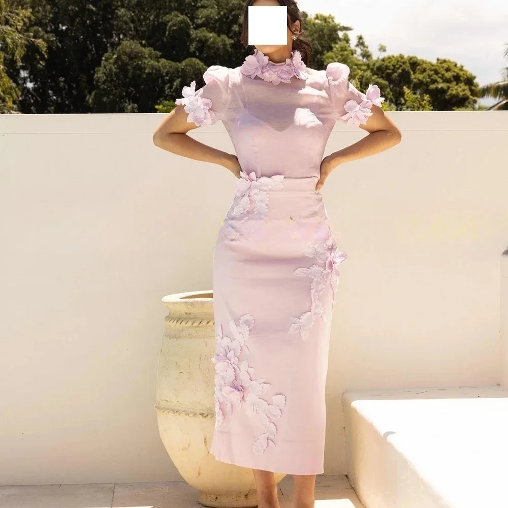 

Elegant Light Pink Mother Of The Bride Dresses With Hande Made Flowers High Collar Short Sleeves Straight Party Gown Customized