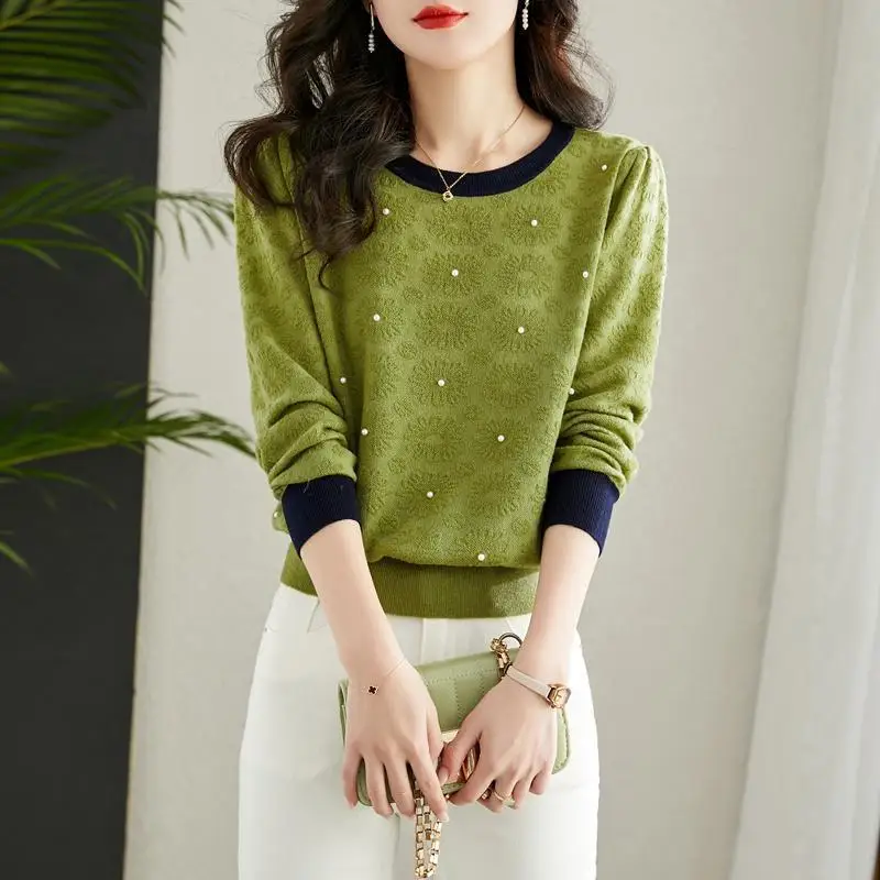 Female Spring Autumn Korean Office Lady Simplicity Embroidered Flares Solid Color Knitting O-neck Long Sleeve Pullovers Top Tee