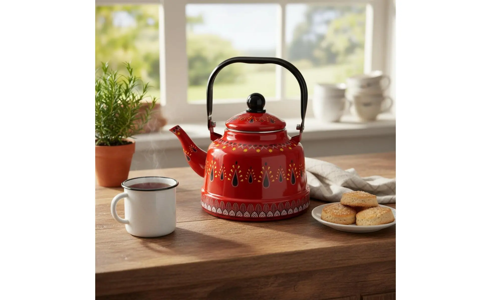 Enamel Stovetop Kettle Easy to Clean Vintage Dome Shaped Water Kettle Patterned Enamel Teapot