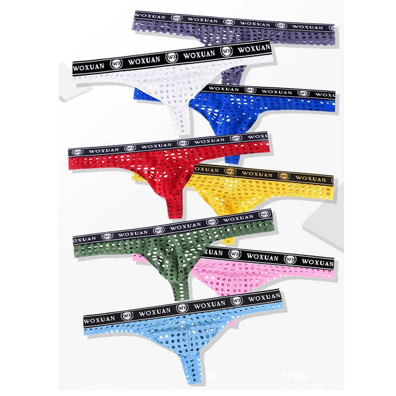 8PCS Mens Thong Underwear Low Waist Hollow Out Thong Breathable Holes Sexy Men's Underapnts Jockstrap Men