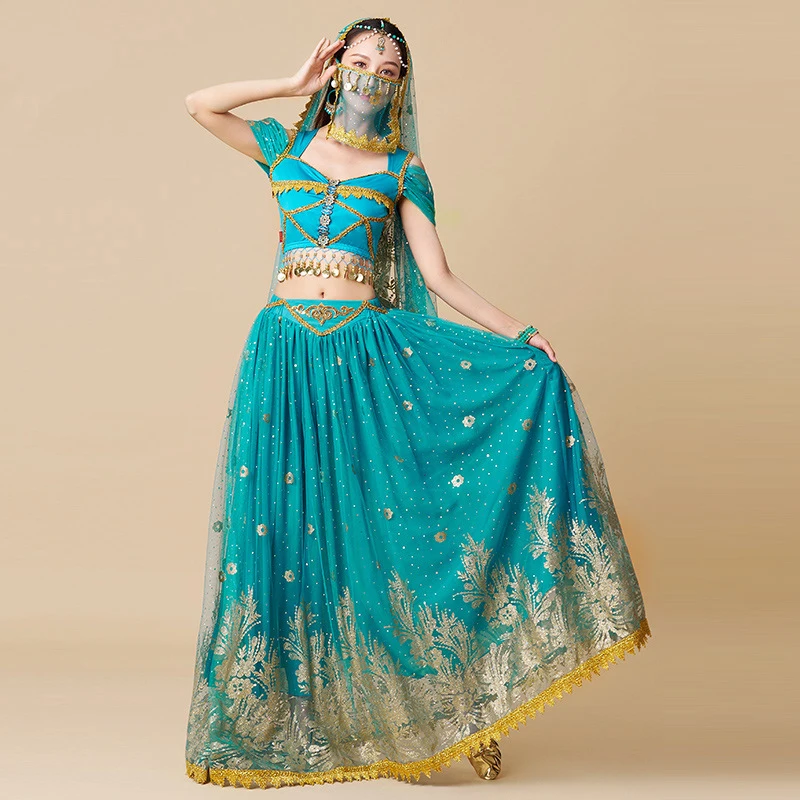 Indian Dance Princess Costume Belly Dance Dress Women Short Sleeved Top+Long Skirt Set Adult Lady Halloween Performance Suit