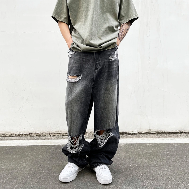 

Baggy Ripped Jeans Damaged Heavy Industry Washed Jeans Mens Vintage Vibe Loose Casual Straight Worn Pants Denim Trousers