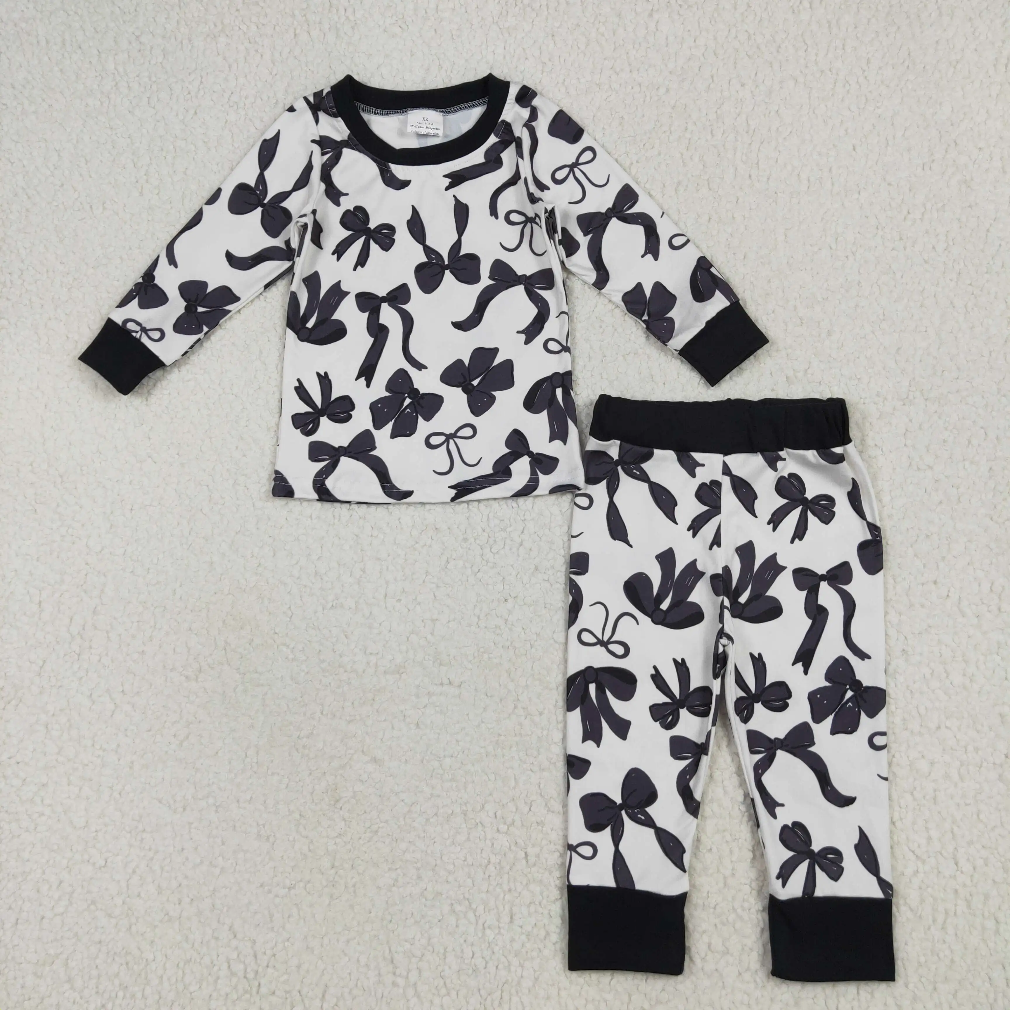

New stock baby girls autumn clothing wholesale boutique black bow pattern long sleeve long pants pajamas set