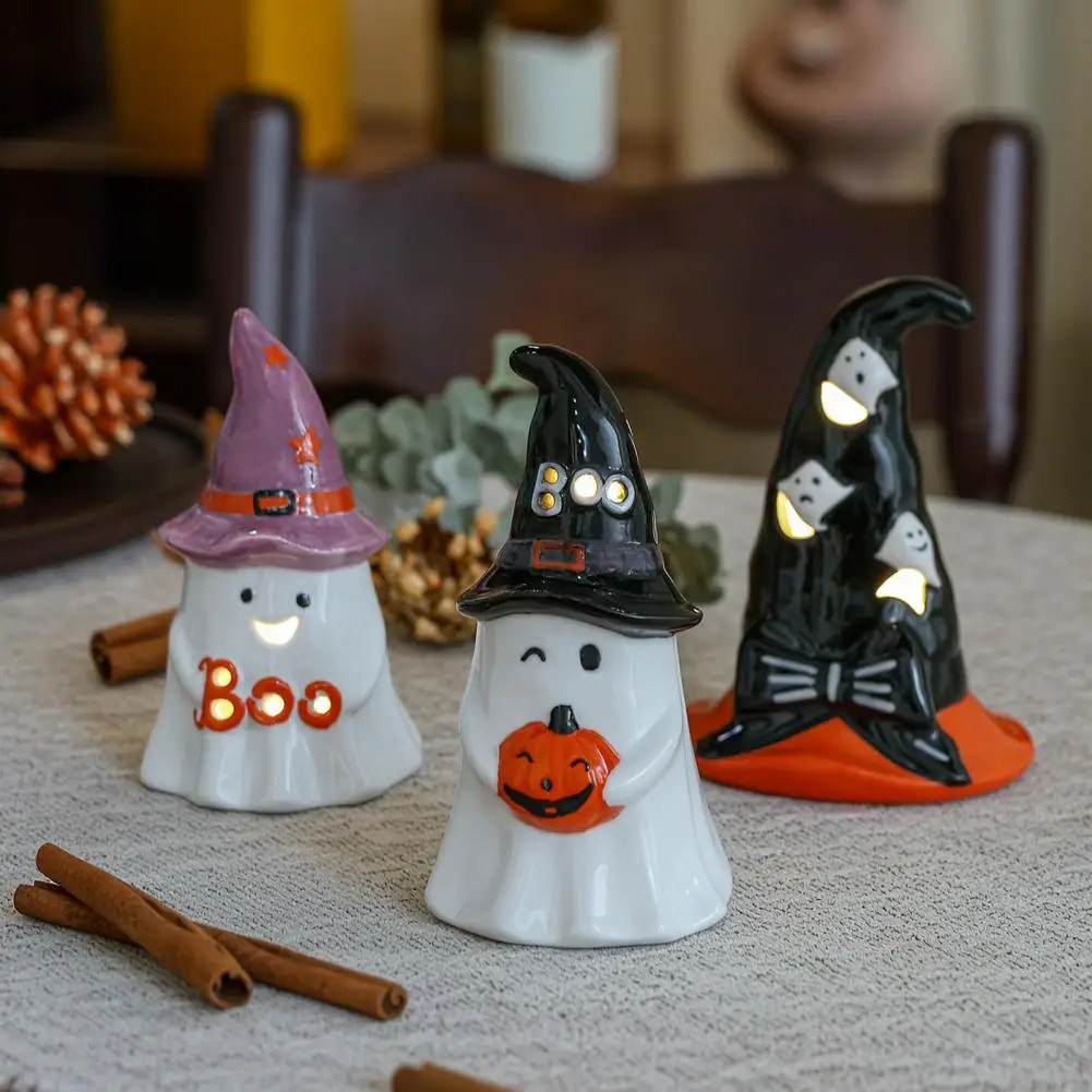 Halloween Atmosphere Halloween Ceramic Tealight Holder Set Ghost Pumpkin Figurines with Witch Hats Tiered Tray for Party