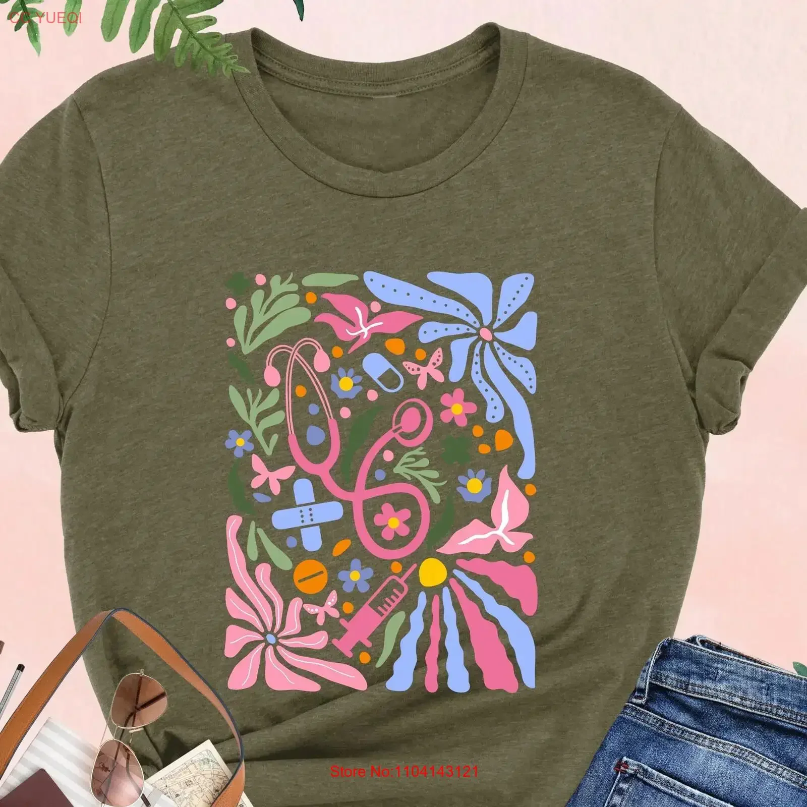 Artistic Nurse T Shirt Nature Medical Worker Stethoscope and Florals Cute Healthcare Botanical Appreciation vintage Washed