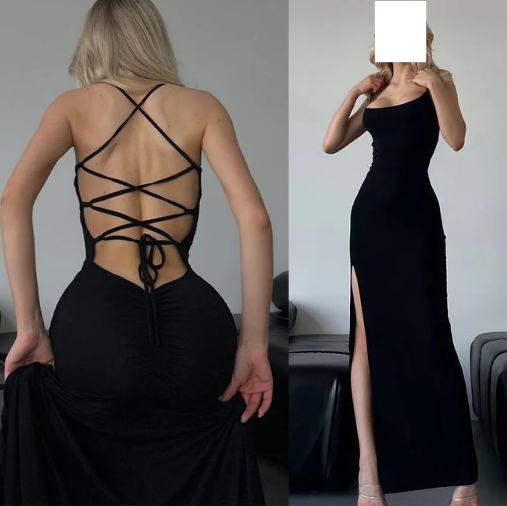 Sexy Jersey Straight Spaghetti Straps Evening Dress Delicate Lace Up Back Side Slit Celebrity Gowns Saudi Arabia 2024