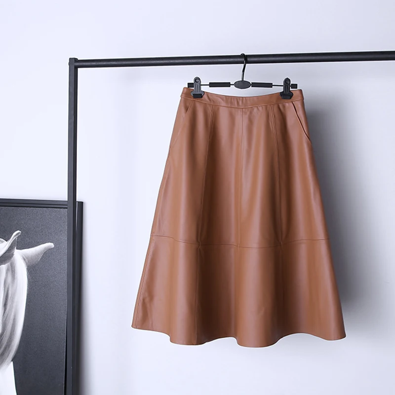 Umbrella Skirts Women Genuine Leather High Waist Big Hem Three Colors Mid-length Dress Mujer Sheepskin A-line Faldas Cortas