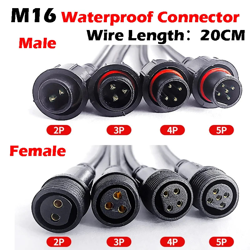 

5/20Pcs M16 Waterproof 2 3 4 5 Pin IP65 Cable Wire Plug for LED Strips Male and Female Jack 22mm nut Connector Wire 20CM OD 6mm