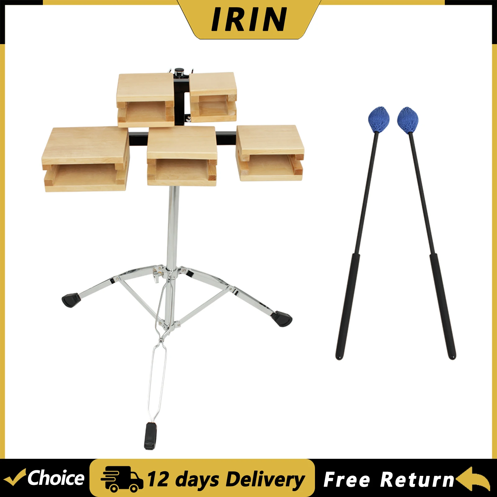 IRIN Wooden Cow Bell High-Low Pitch 5 Tone Clapper Cow Bell with Tripod Stand Drumsticks Drum Kit Percussion Musical Instrument