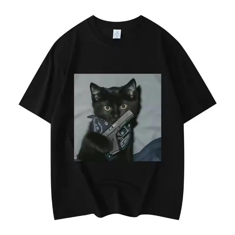 2026 New Cat Gang Meme Short-sleeved T-shirt for Male and Female College Student Couples, Fashionable Retro Top Cotton