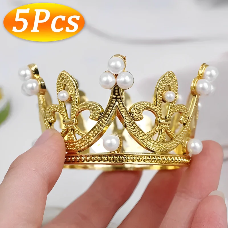 5/1Pcs Tiny Baby Small Pearl Tiara Crown Gold Mini Crown Cake Topper For Flower Arrangements Shower Birthday Wedding Decoration