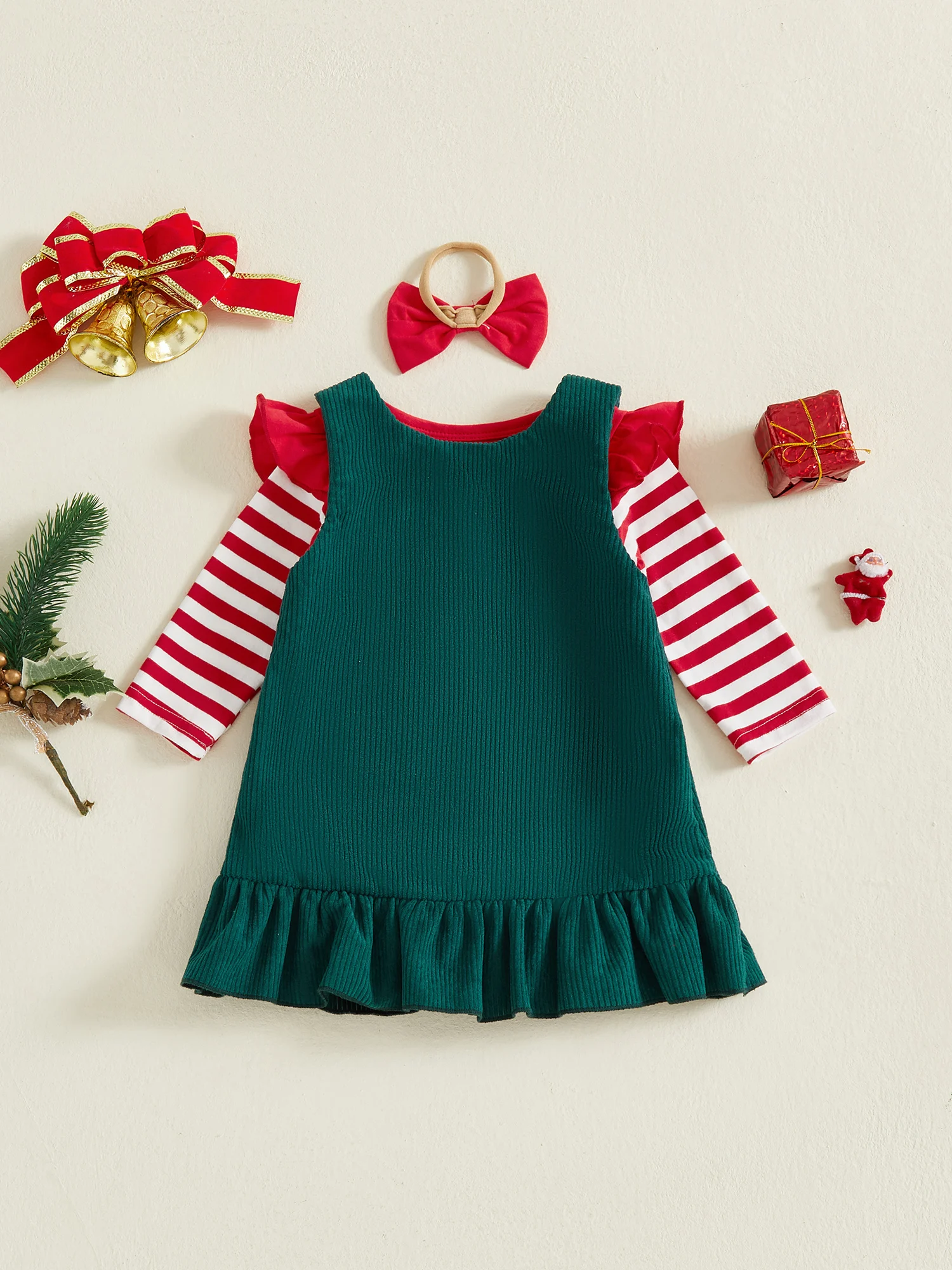 

Toddler Girl Winter Outfits Long Sleeve Bodysuit Knit Overall Dress Bow Headband Set for Christmas Party