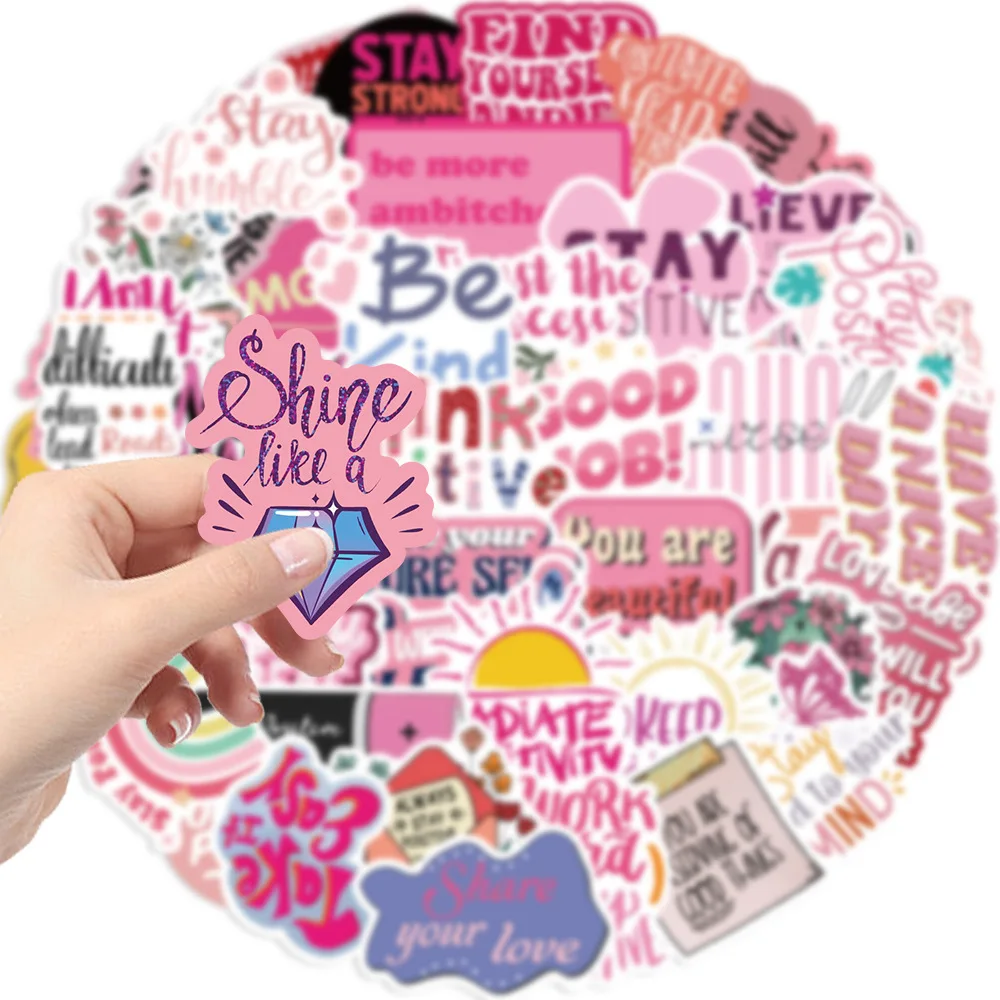 50pcs Pink Motivational Phrases Cartoon Graffiti Stickers Phone Guitar Laptop Notebook Suitcase Water Bottles Waterproof Sticker