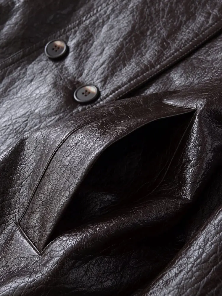 Women's Double Breasted Faux Leather Jacket Coat Long Sleeve Chic Top with Front Pockets Fashion Outerwear