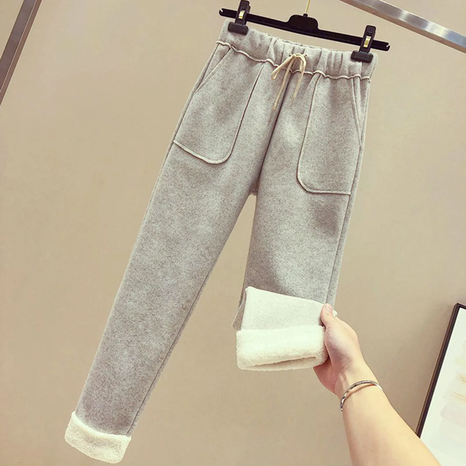 Calça feminina de cintura alta forrada com lã, calça comprida reta, feminina de pelúcia quente de bolso, casual, outono, inverno, 2022