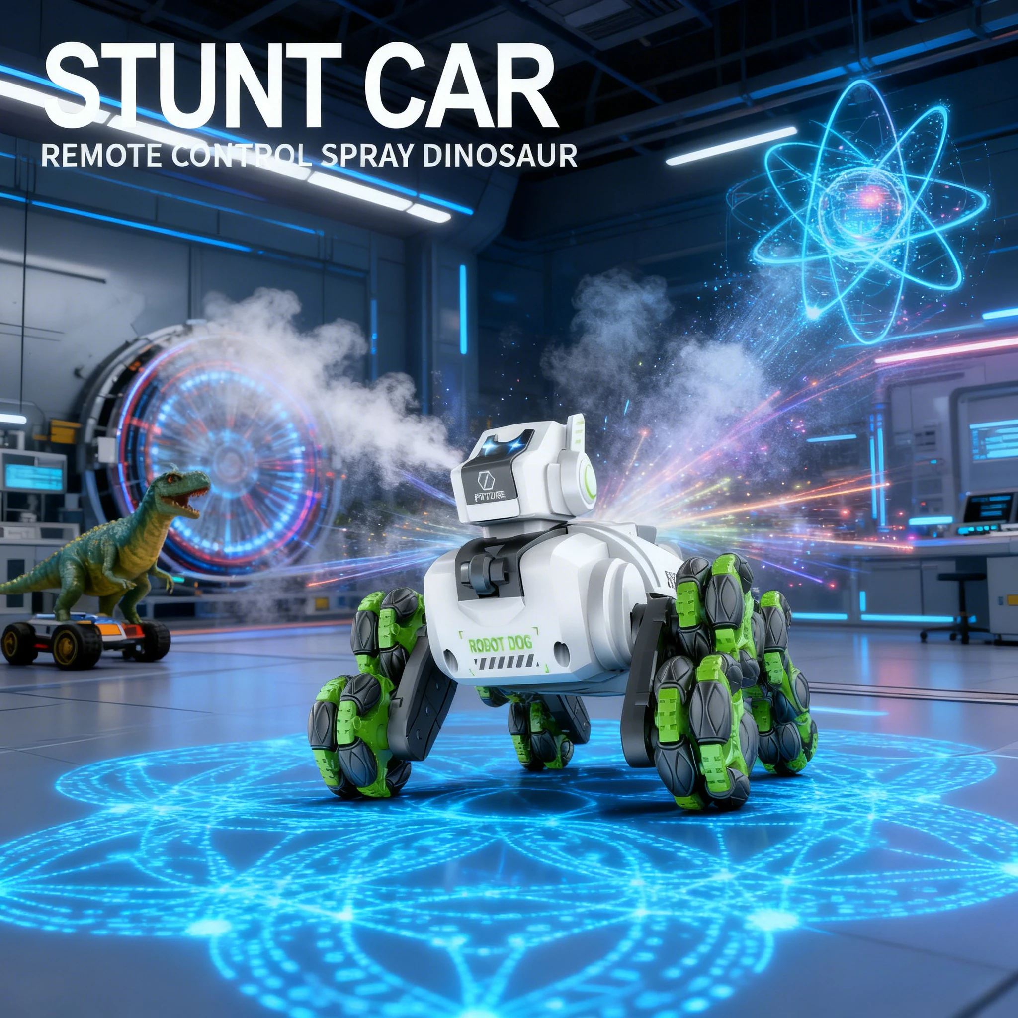 

New electric dual remote control intelligent robot dog 360 ° rotation drift spray eight wheel climbing deformation stunt toy