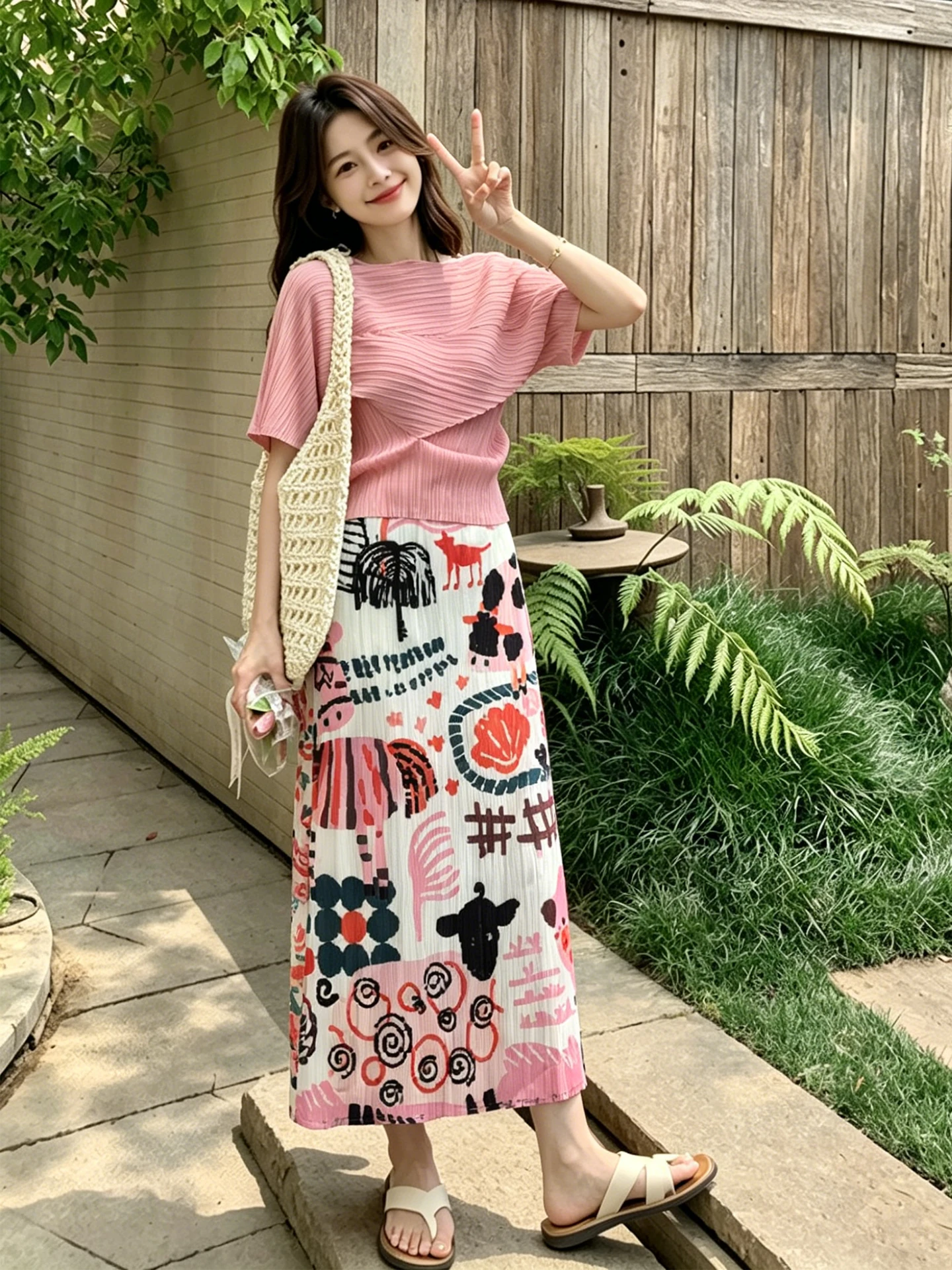 

Loose Printed Half Skirt Women's Fashion Set Summer Slimming Pink Floral Embellished Three-Quarter Length Casual Wear