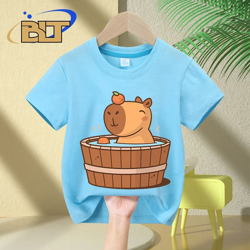 Capybara in hot tub Camisetas estampadas para niños, tops casuales de manga corta de algodón puro, regalos para niños y niñas, Verano