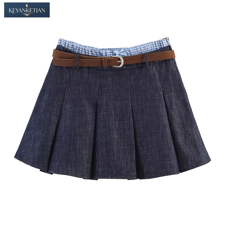KEYANKETIAN 2026 Summer Y2K Vintage Pleated Denim Skirt Checkered Waist Trim, Belt Included & A-Line Silhouette Mini Skirt