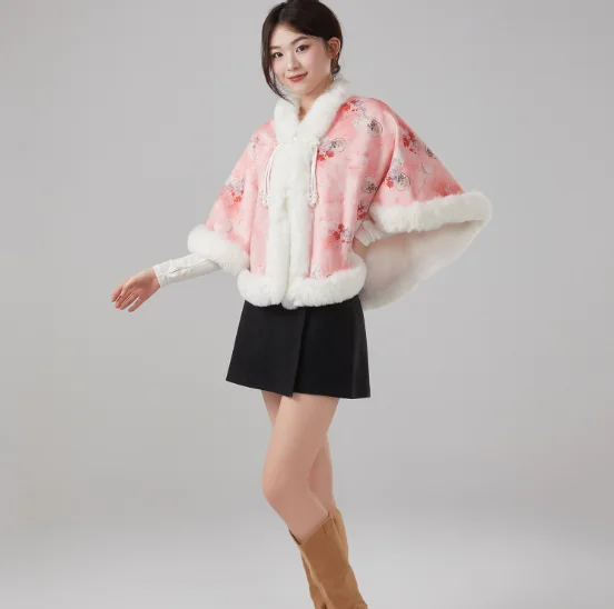 Poncho Thickened Flocking Shawl Chinese Style Flag Dress Cloak Warm Outerwear Premium Autumn Winter Fashionable Women's Woolen