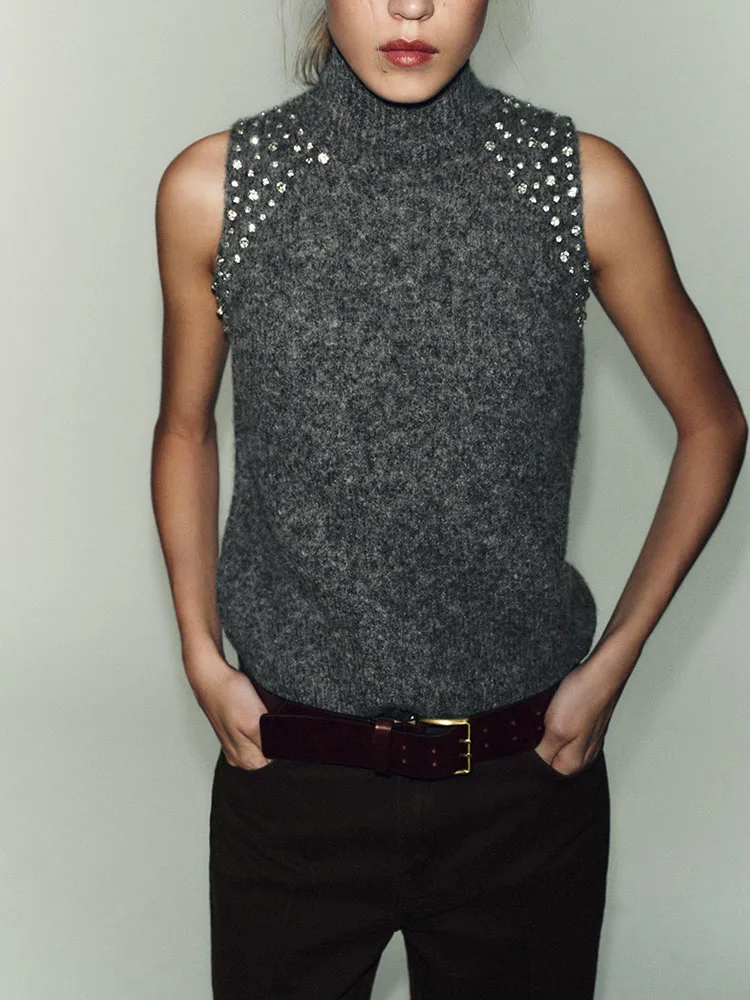 

Sweet Sle Women's Faion Top Winter New Arrival Svel Bead Jewelry Decorated High Collar Knitted Sweater 2025