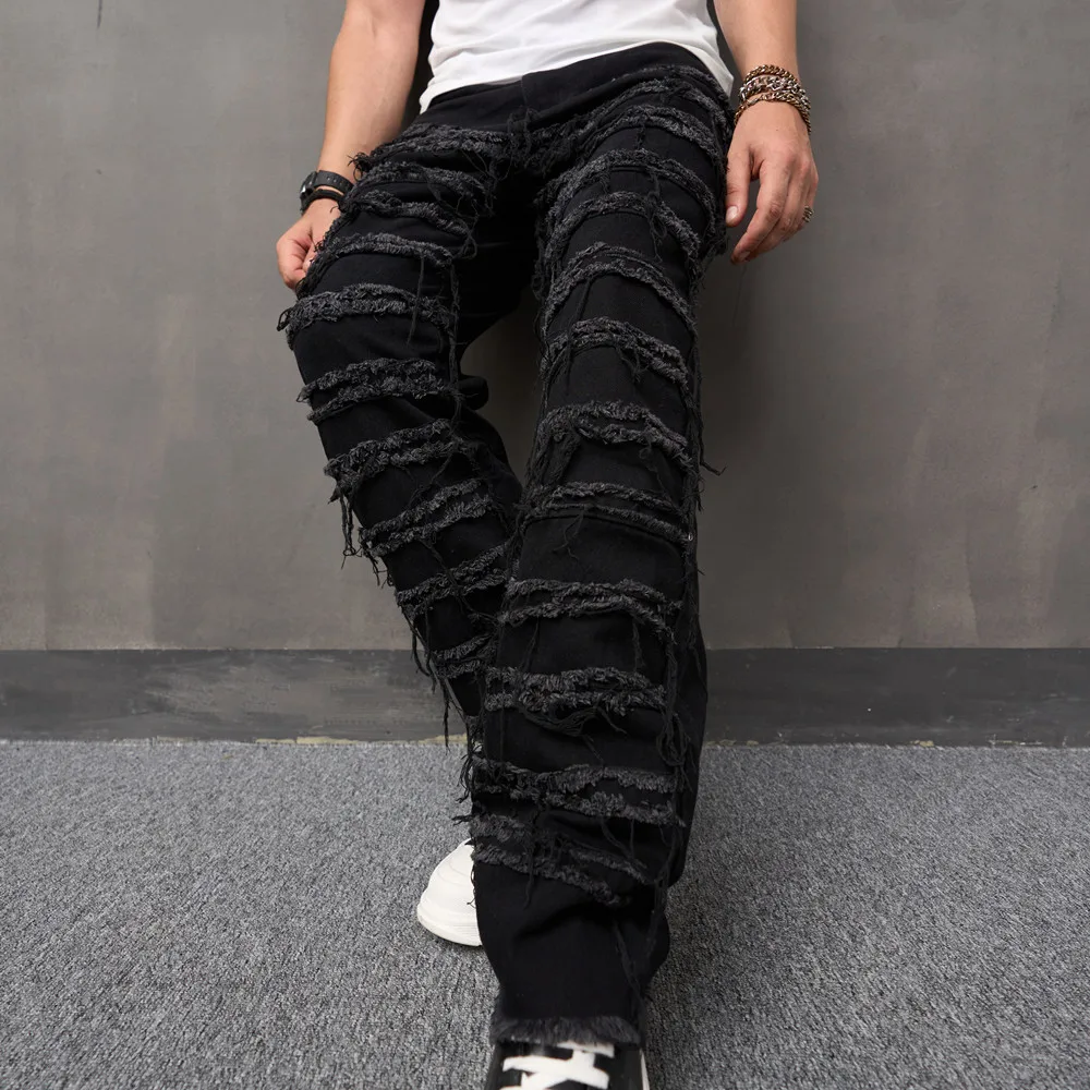 2023 Men High Street Stylish Ripped Patch Jeans Pants Male Loose Straight  Solid Casual Denim Trousers