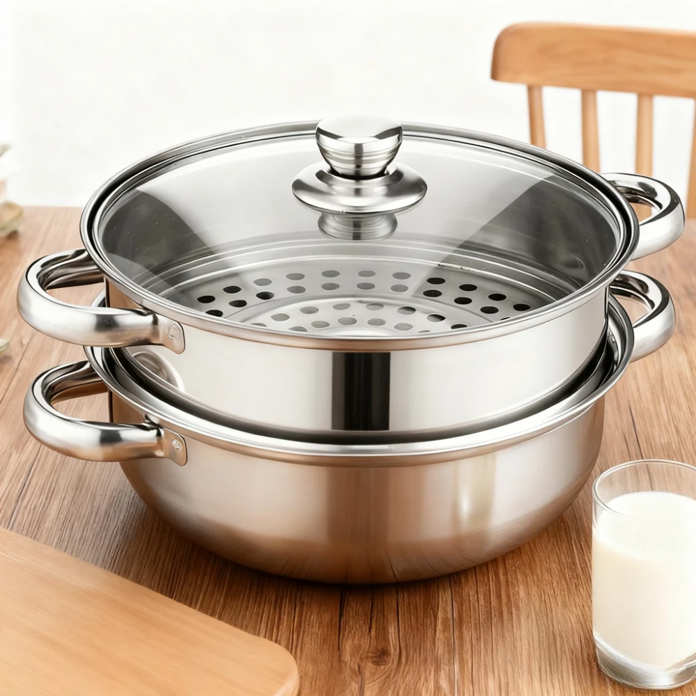Olla de vapor de acero inoxidable, olla de vapor multiusos de 2 niveles, utensilios de cocina con tapa para fideos vegetales, Pasta, accesorios de cocina para el hogar