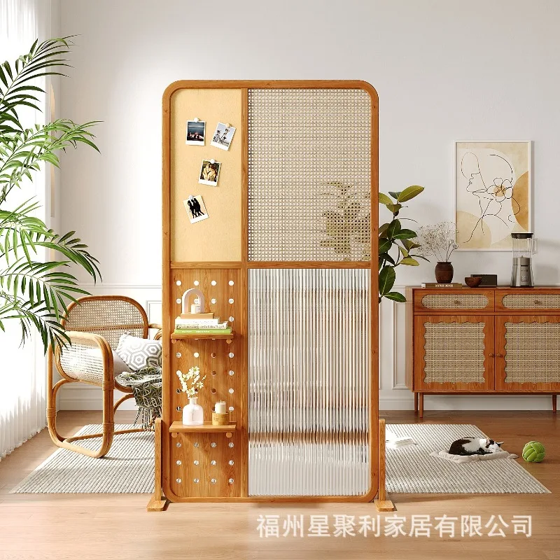 The store manager recommends Japanese-style rattan screen partition Changhong glass hole board shelf partition living room entra